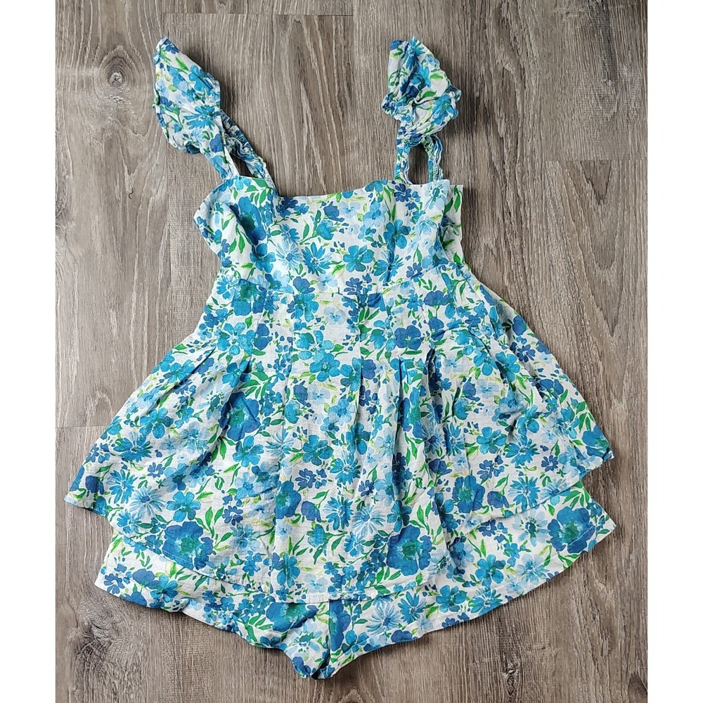 Altar'd State XS Boho Floral Short Romper Smocked Zip Ruffly Mini Blue Lined‎